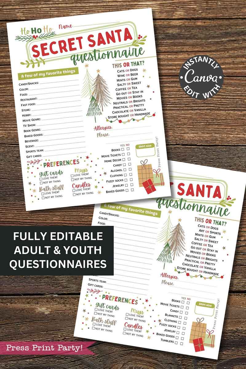 Two festive "template Canva (Copy)" Secret Santa questionnaires feature Christmas trees, checkboxes for preferences, sections for favorite things, and are fully editable for adults and youth in Canva.