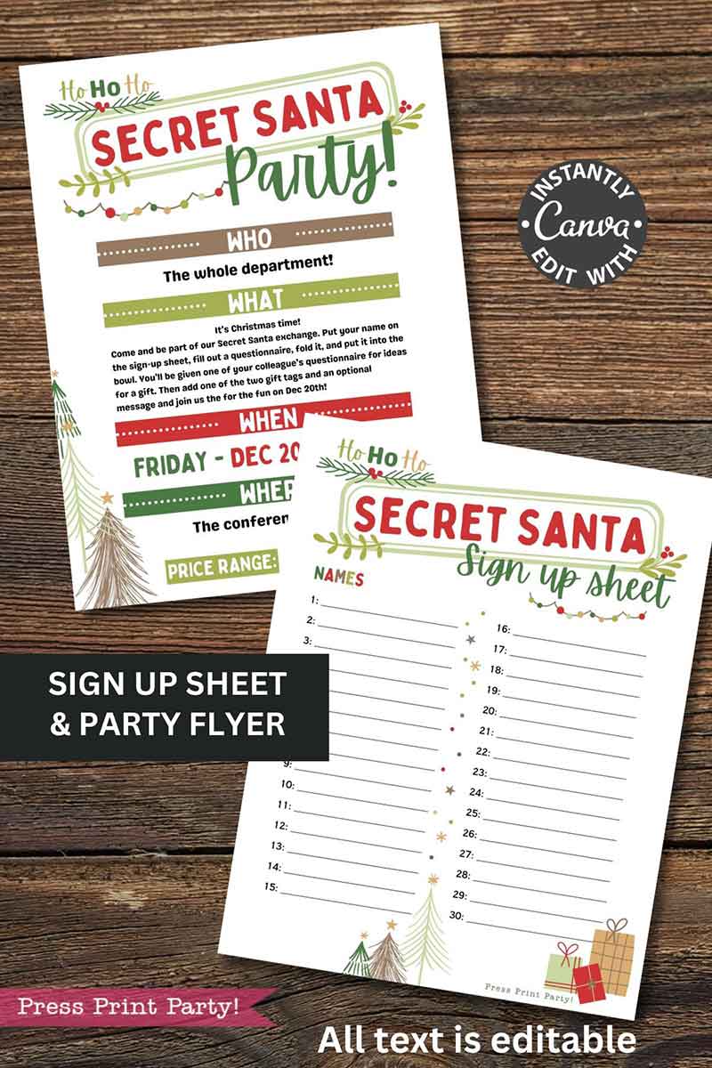 The "template Canva (Copy)" includes two festive printables for a Secret Santa party—a flyer with event details and a sign-up sheet featuring numbered lines. Both display holiday designs with trees, stars, and presents over a wooden background.