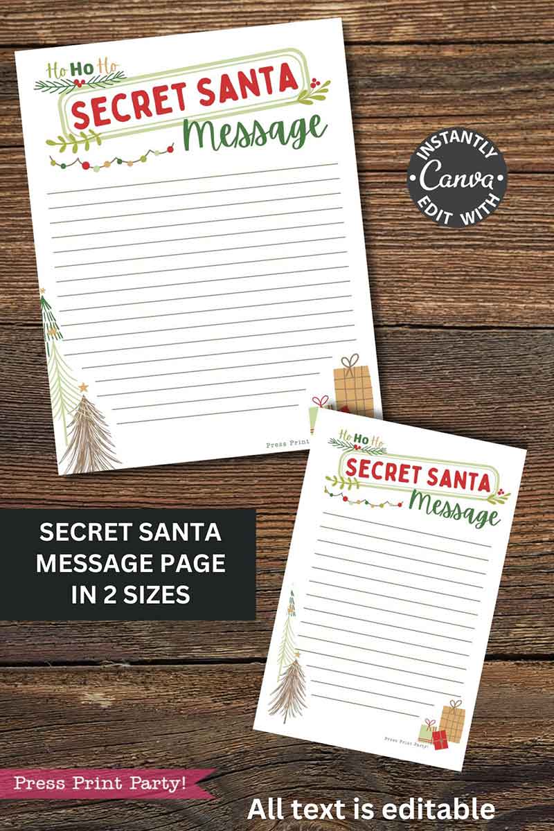 Two festive "template Canva (Copy)" Secret Santa message templates, large and small, with Christmas trees, holly, gifts, red and green accents. Both sizes are editable and instantly customizable in Canva.