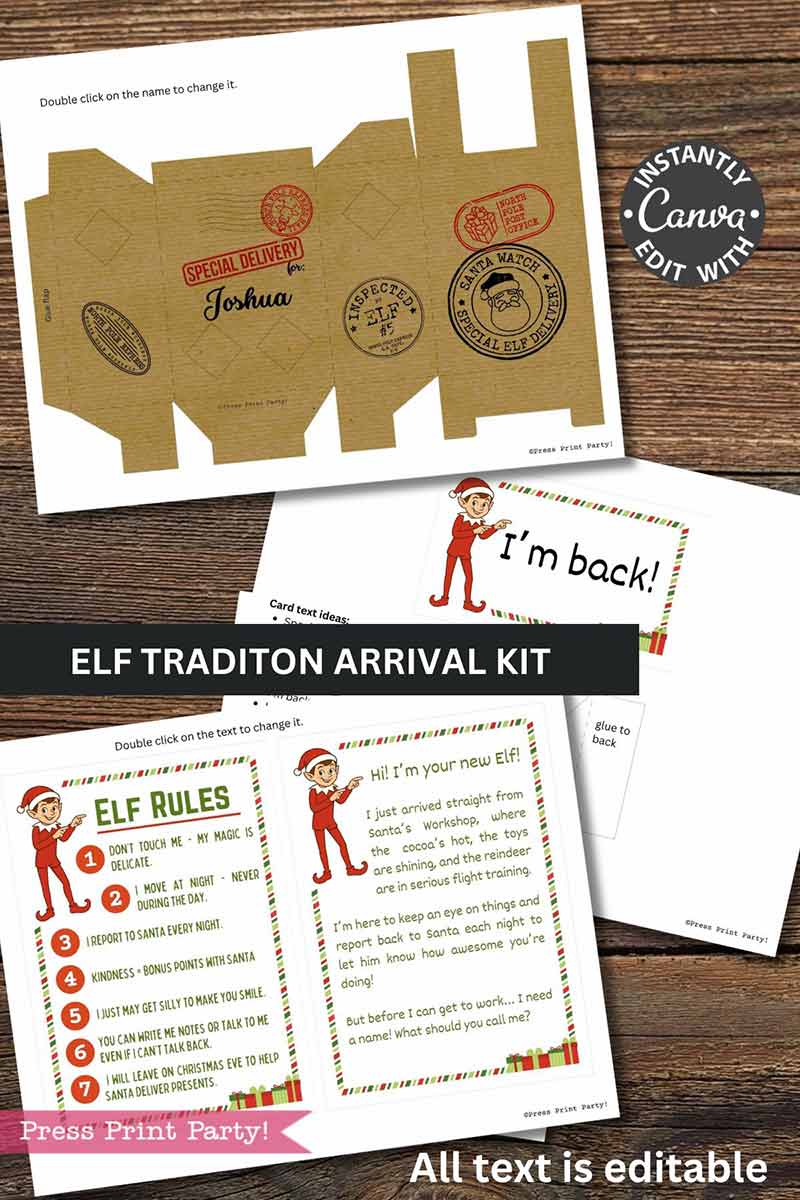 The Elf on the Shelf Arrival Box Printable Kit features editable brown-paper and holiday-themed templates, including elf rules, an arrival letter, postcard, festive stamps, and a cute illustrated elf character—perfect for your elf’s arrival!.