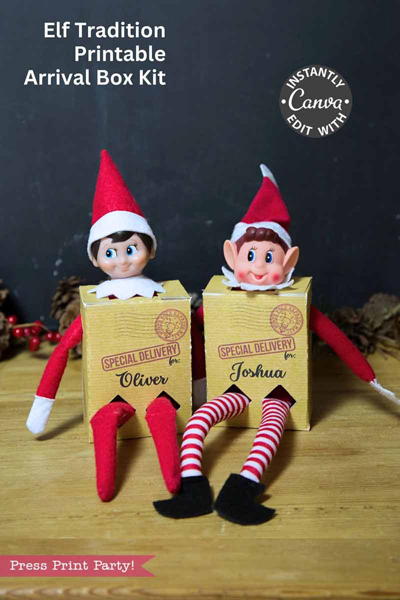 Two Elf dolls sit side by side in yellow boxes labeled “Special Delivery” for Oliver and Joshua. The image promotes the Elf on the Shelf Arrival Box Printable Kit, a fun way to start your Elf Tradition with personalized arrival boxes.