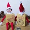 Two Elf dolls sit in “Elf on the Shelf Arrival Box Printable Kit” boxes, with pinecones in the background. Text reads: Press Print Party! Instantly edit with Canva.