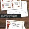 The Editable Elf on the Shelf Cards and Jokes Set includes printable, customizable cards with a cheerful elf, candy cane borders, gift images, space for personalized text, and a foldable joke card—all featuring editable elements.
