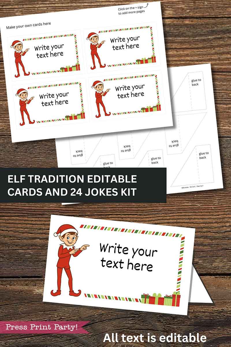The Editable Elf on the Shelf Cards and Jokes Set includes printable, customizable cards with a cheerful elf, candy cane borders, gift images, space for personalized text, and a foldable joke cardโall featuring editable elements.
