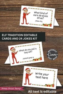 The Editable Elf on the Shelf Cards and Jokes Set features cartoon elf cards with jokes like "What kind of cars do elves drive?" and "What do you call a lazy elf?" plus a blank card for your personalized message.