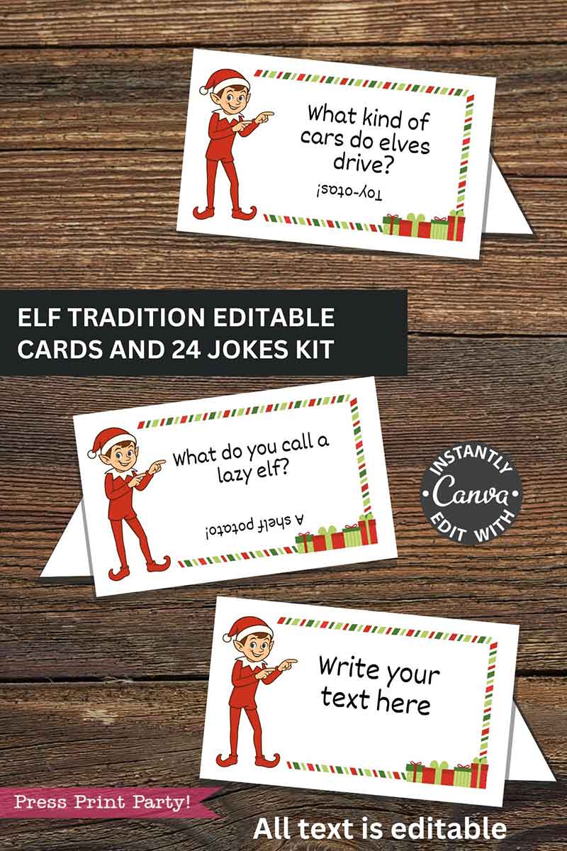 The Editable Elf on the Shelf Cards and Jokes Set features cartoon elf cards with jokes like "What kind of cars do elves drive?" and "What do you call a lazy elf?" plus a blank card for your personalized message.