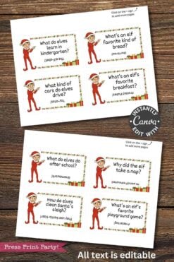 The Editable Elf on the Shelf Cards and Jokes Set includes printable cards with elf-themed jokes, cartoon elves, festive borders, and editable text. Each card features a holiday joke or question on one side and the answer on the back.