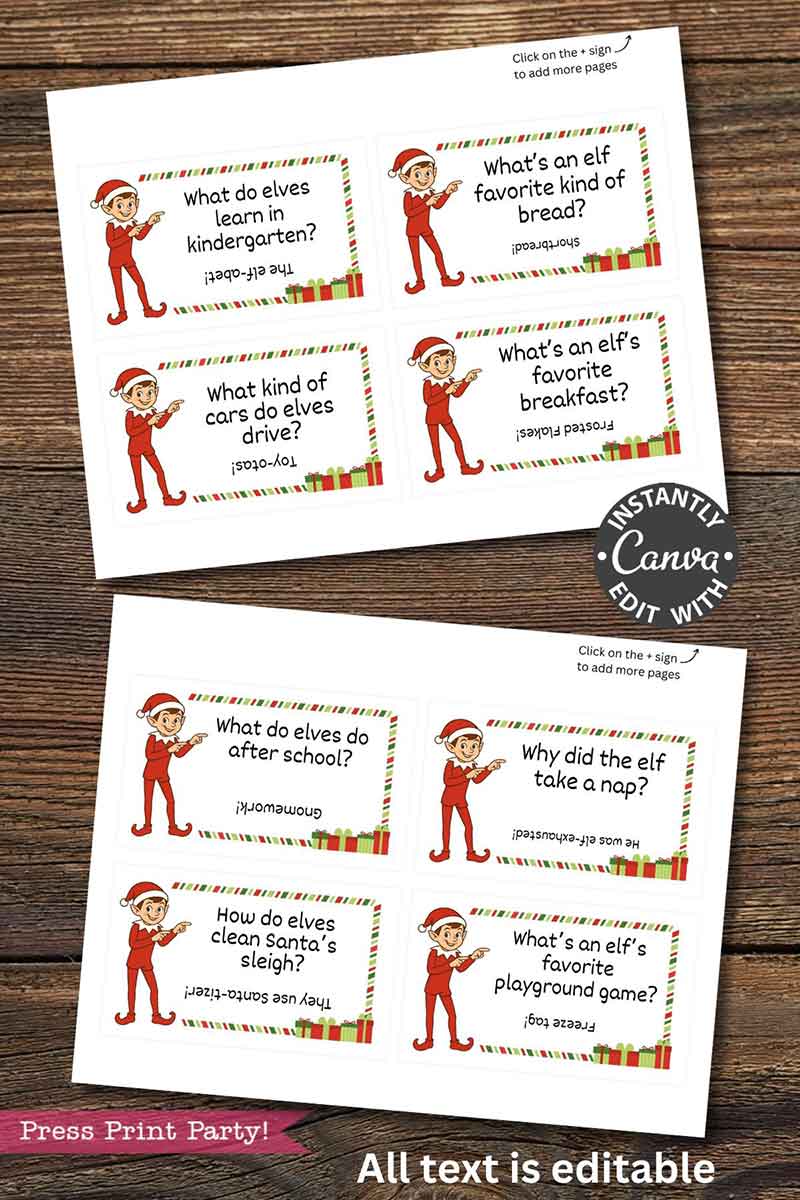 The Editable Elf on the Shelf Cards and Jokes Set includes printable cards with elf-themed jokes, cartoon elves, festive borders, and editable text. Each card features a holiday joke or question on one side and the answer on the back.