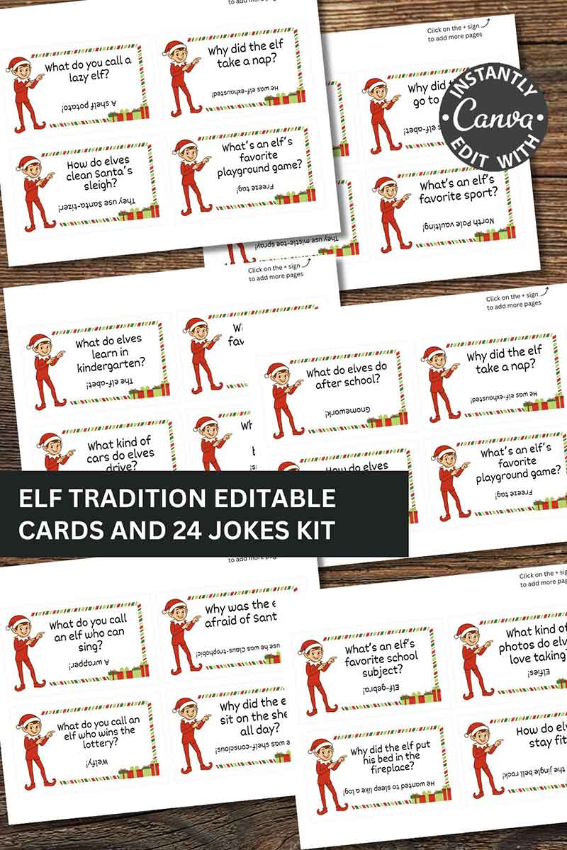 Editable Elf on the Shelf Cards and Jokes Set: Printable cards with kid-friendly elf jokes, cartoon elf images, festive borders, and editable text. Includes a set of 24 jokes with answers for holiday fun. Banner reads โElf Tradition Editable Cards and 24 Jokes Kit.โ.