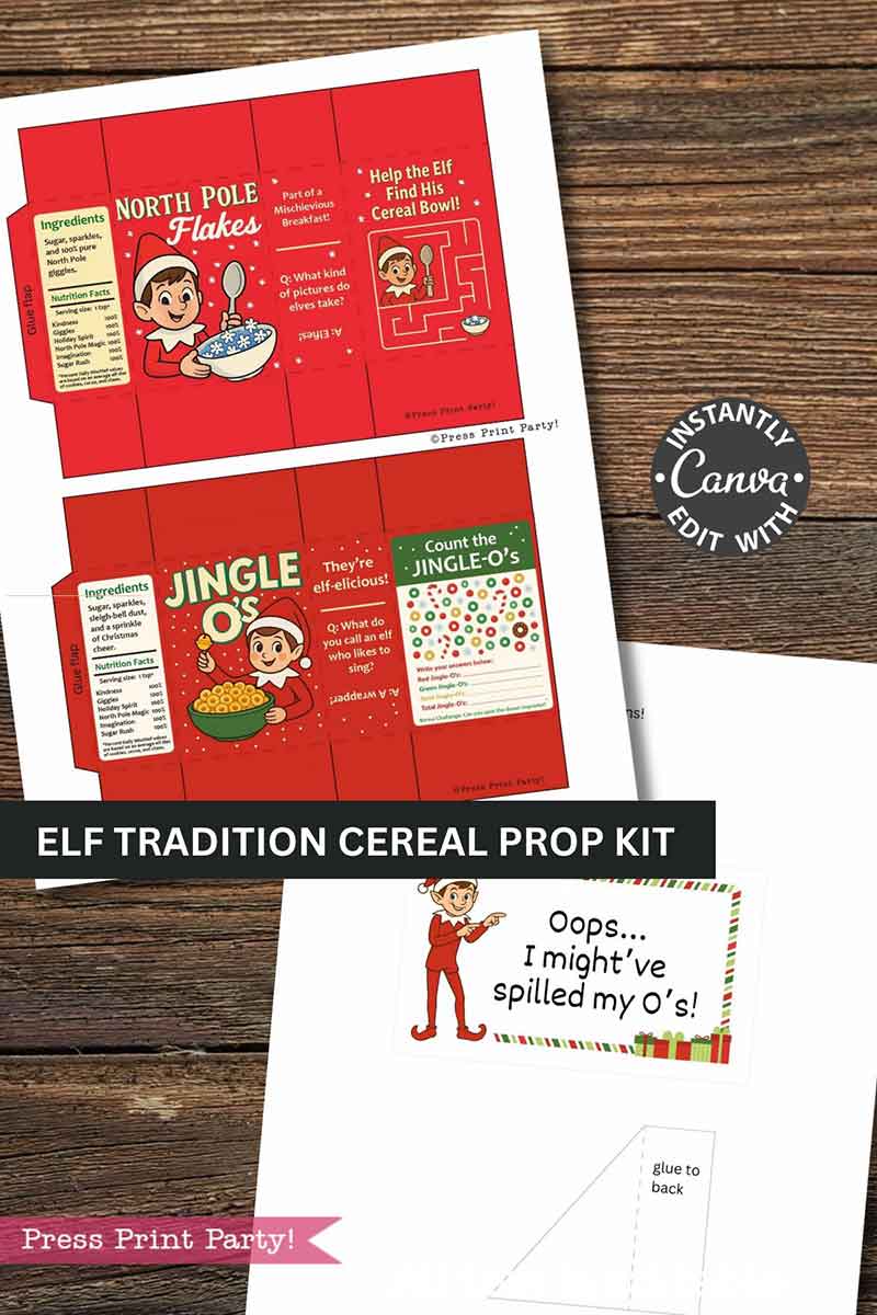 The Elf on the Shelf Breakfast Cereal Printable Kit features vibrant red cereal box designs with cartoon elf graphics, playful text, assembly instructions, and a whimsical label: “Oops… I might’ve spilled my O’s!”.