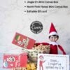 A festive elf on the shelf sits with spilled cereal and two mini boxes from the Elf on the Shelf Breakfast Cereal Printable Kit, beside a sign that reads, “Oops… I might’ve spilled my O’s!”.