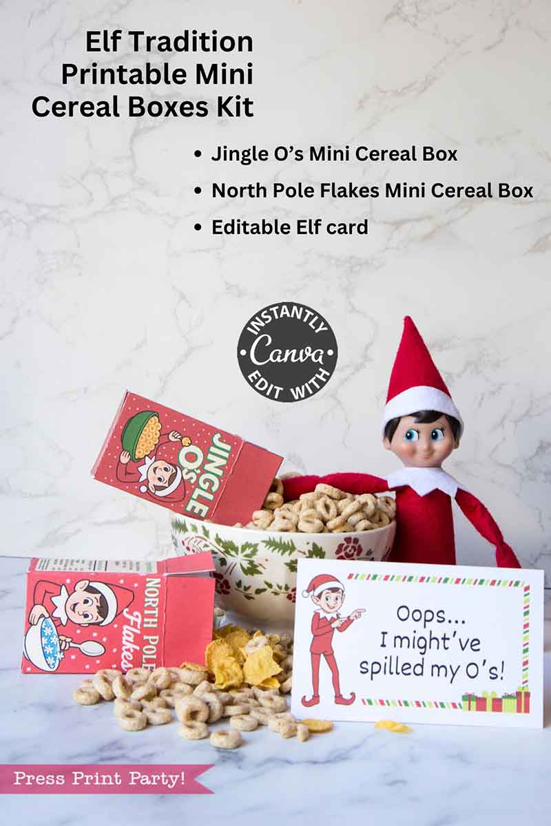 A festive elf on the shelf sits with spilled cereal and two mini boxes from the Elf on the Shelf Breakfast Cereal Printable Kit, beside a sign that reads, “Oops… I might’ve spilled my O’s!”.