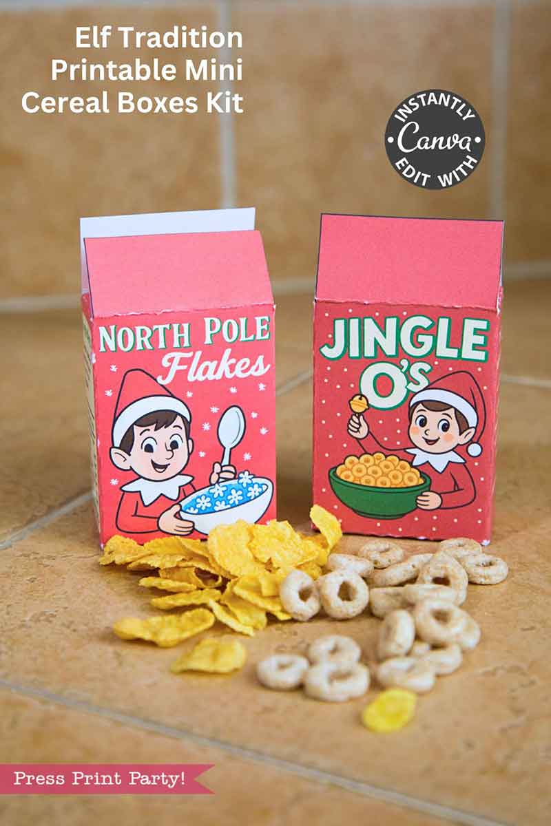 Two small, red elf-themed cereal boxes labeled "North Pole Flakes" and "Jingle O's" sit on a tiled surface with scattered cereal pieces. Text promotes the Elf on the Shelf Breakfast Cereal Printable Kit, editable in Canva.