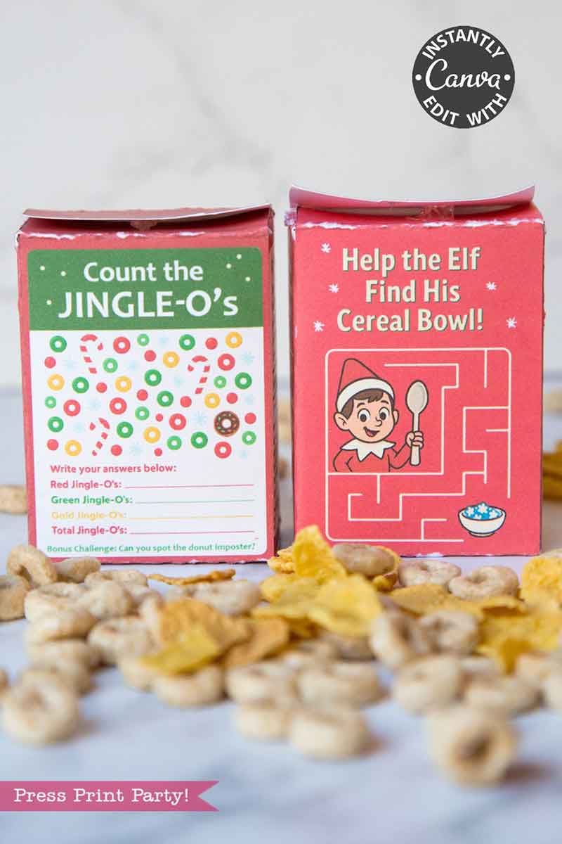 The Elf on the Shelf Breakfast Cereal Printable Kit includes two fun activities: a green box counting game with colorful "Jingle-O's" and a red box maze that helps an elf find his cereal bowl.