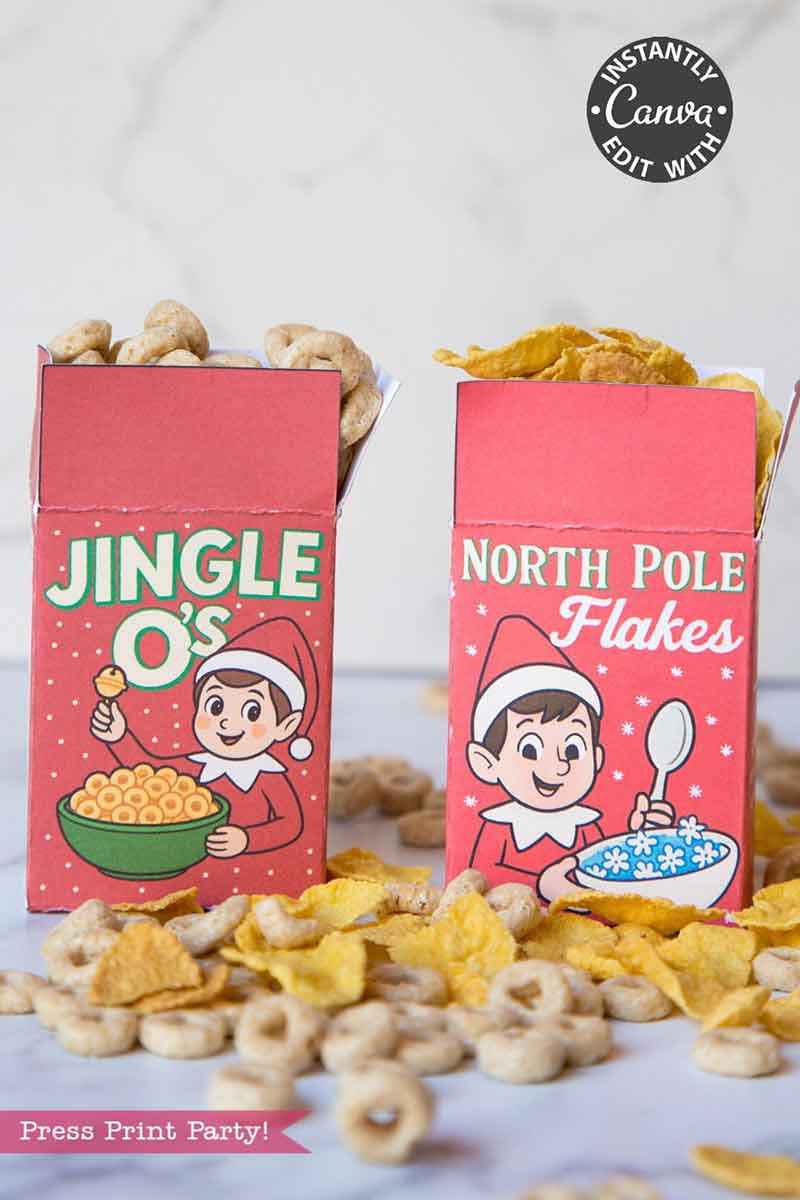 The Elf on the Shelf Breakfast Cereal Printable Kit features two festive cereal boxes with elves enjoying their bowls and cereals spilling out in front.