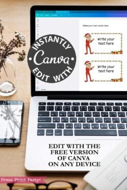 A laptop shows the Elf on the Shelf Movie Night Printable Kit Canva template for making Christmas cards. A phone, glasses, and a plant are nearby. Instantly edit on any device using the free version of Canva.