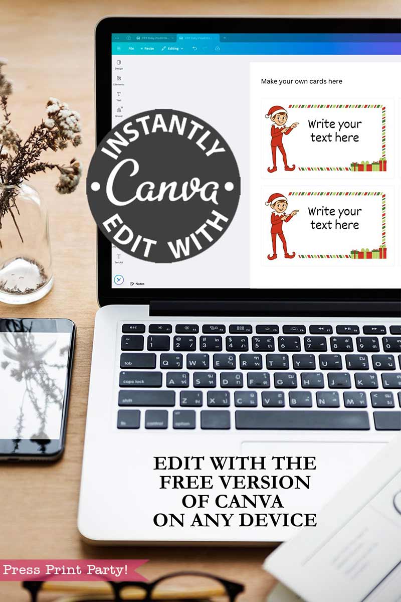 A laptop shows the Elf on the Shelf Movie Night Printable Kit Canva template for making Christmas cards. A phone, glasses, and a plant are nearby. Instantly edit on any device using the free version of Canva.