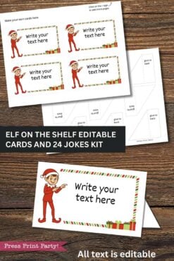 Elf on the Shelf Movie Night Printable Kit with Christmas border and elf illustrations. Ideal for Secret Santa, these editable cards are ready for your custom text—shown flat and folded. Includes instructions and customizable features.