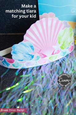The Elf on the Shelf Mermaid Tail Printable Kit features a vibrant, seashell-themed paper tiara with starfish and iridescent streamers—ideal for your little mermaid or Elf! Instantly edit with Canva.