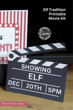 The Elf on the Shelf Movie Night Printable Kit features a black-and-white film clapperboard card with