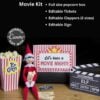 The Elf on the Shelf Movie Night Printable Kit features an elf doll with 3D glasses and popcorn, plus printable movie night items—popcorn boxes, tickets, clappers, and a sign. Editable Canva templates make setup easy and fun!.