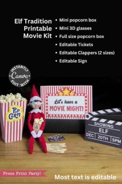 The Elf on the Shelf Movie Night Printable Kit features an elf doll with 3D glasses and popcorn, plus printable movie night items—popcorn boxes, tickets, clappers, and a sign. Editable Canva templates make setup easy and fun!.