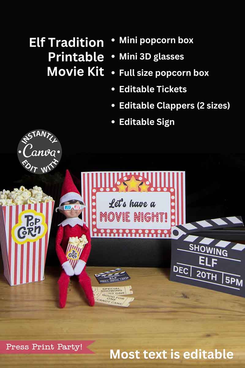 The Elf on the Shelf Movie Night Printable Kit features an elf doll with 3D glasses and popcorn, plus printable movie night items—popcorn boxes, tickets, clappers, and a sign. Editable Canva templates make setup easy and fun!.