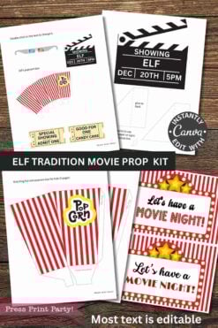The Elf on the Shelf Movie Night Printable Kit includes red striped popcorn box templates, movie night signs, editable ticket stubs, and a clapperboard sign—all fully editable in Canva for your Elf on the Shelf movie night.