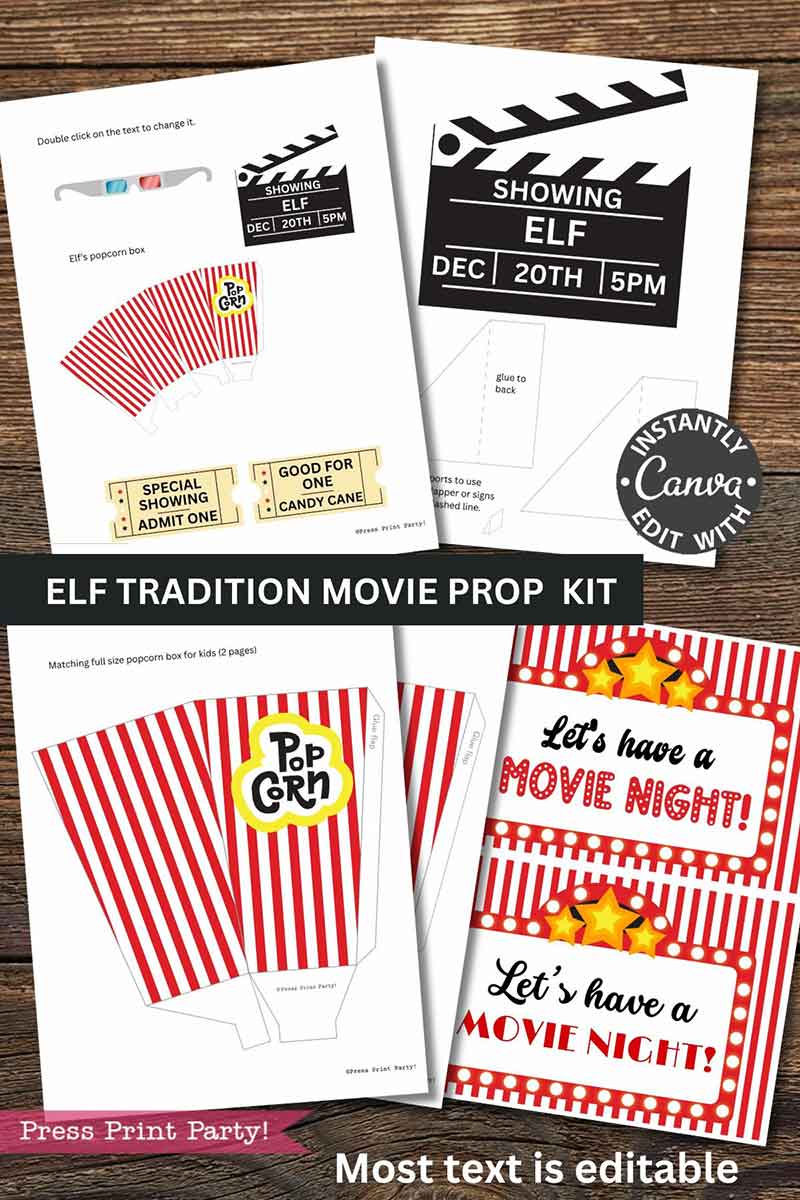 The Elf on the Shelf Movie Night Printable Kit includes red striped popcorn box templates, movie night signs, editable ticket stubs, and a clapperboard sign—all fully editable in Canva for your Elf on the Shelf movie night.