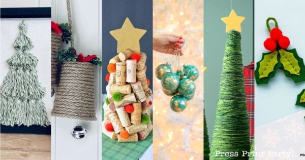 A collage of six handmade Christmas crafts, including a yarn tree, rope-wrapped vase, cork tree with pom-poms, hand holding ornaments, string-wrapped cone tree, and felt holly leaves with red berries.