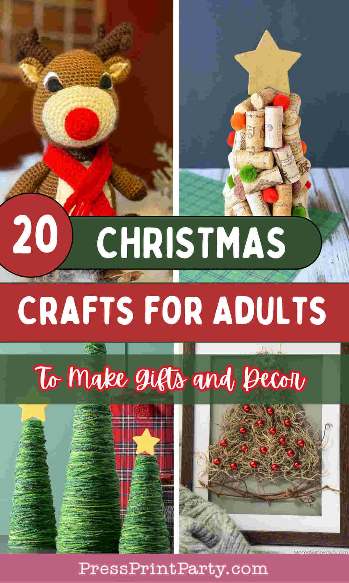 Collage featuring four Christmas crafts: a crocheted reindeer, a cork tree with a star, yarn-wrapped trees with star toppers, and a twine tree decorated with red beads. Text reads 20 Christmas Crafts for Adults.