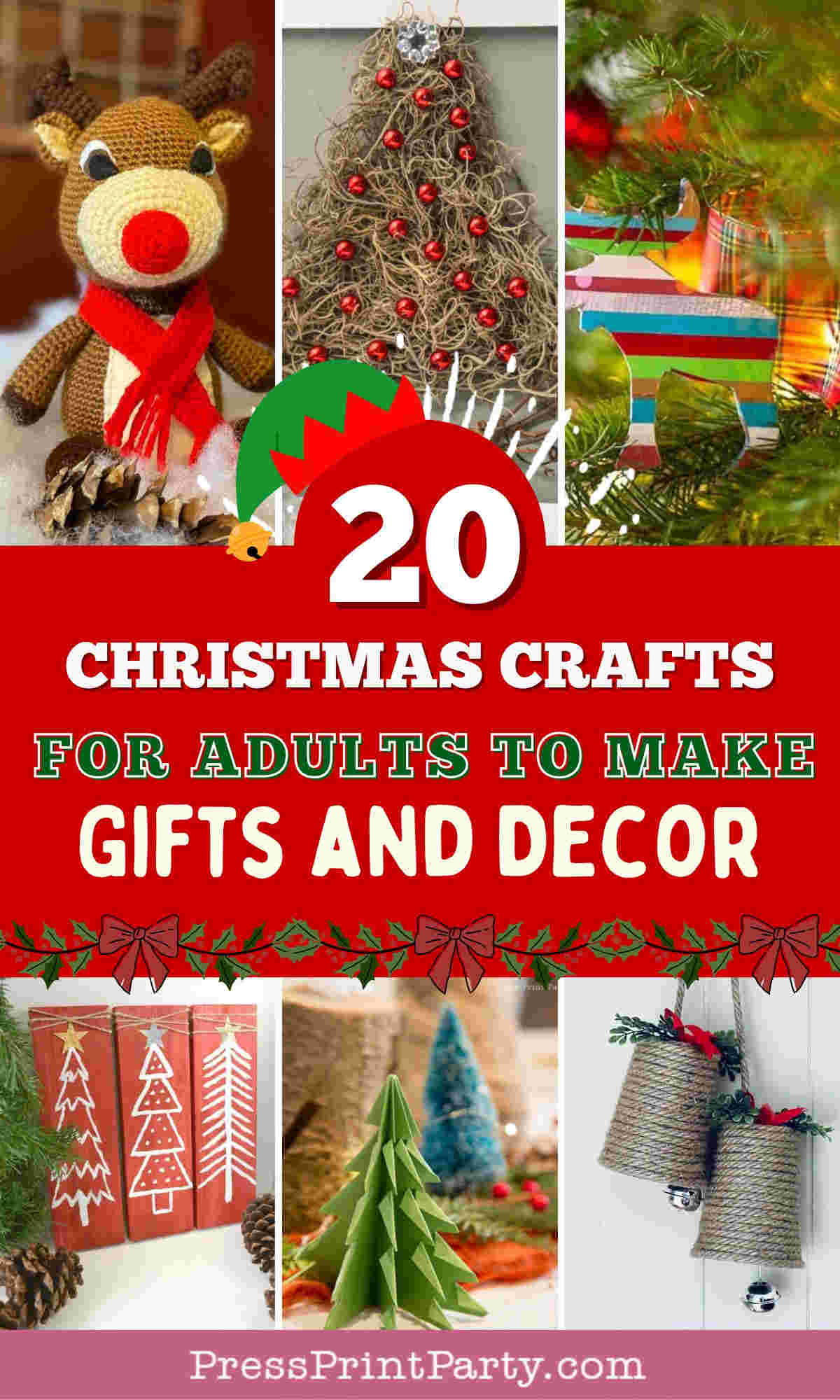 Collage of DIY Christmas crafts including a reindeer figure, pinecone ornaments, colorful wrapped gifts, painted tree art, paper trees, and twine-wrapped bell decor, with festive text promoting 20 Christmas Crafts for Adults.