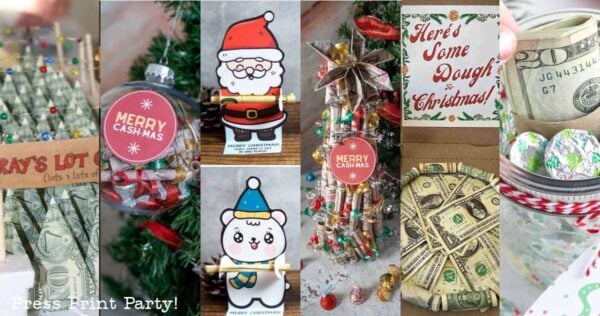 A collage of creative ways to give money as a Christmas gift, including cash rolled as lottery tickets, cute animal and Santa gift tags holding money, a tree decorated with bills, and a box filled with folded dollar bills and chocolate.