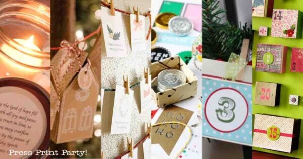 A collage of five different handmade Advent calendars, featuring candles, gift tags on string, coins in boxes, numbered envelopes, and colorful boxes on a green wall.