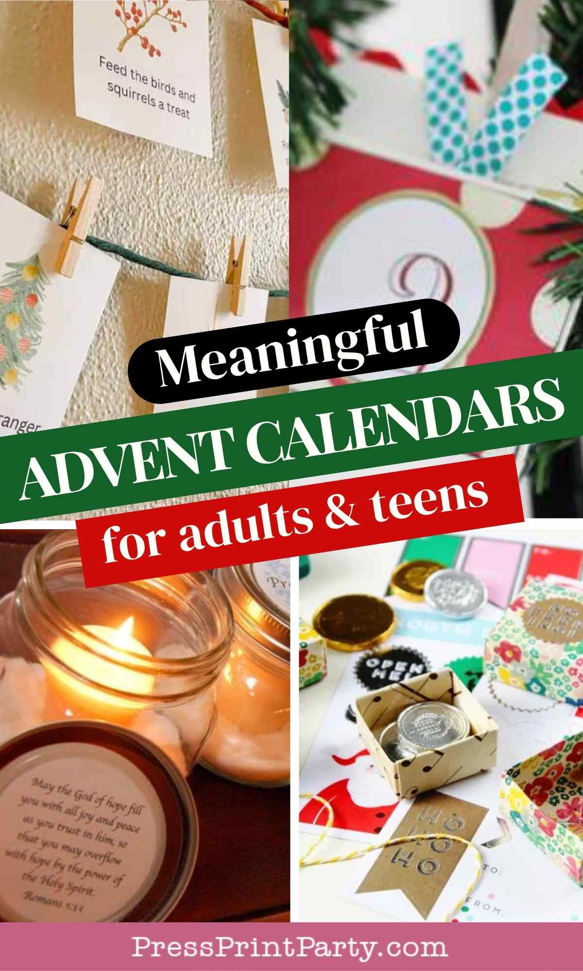 A collage showing handmade advent calendars, candles, and festive decorations, with text overlay reading “Meaningful Advent Calendars for adults & teens.” The website PressPrintParty.com is displayed at the bottom. Advent Calendar Ideas for Adults