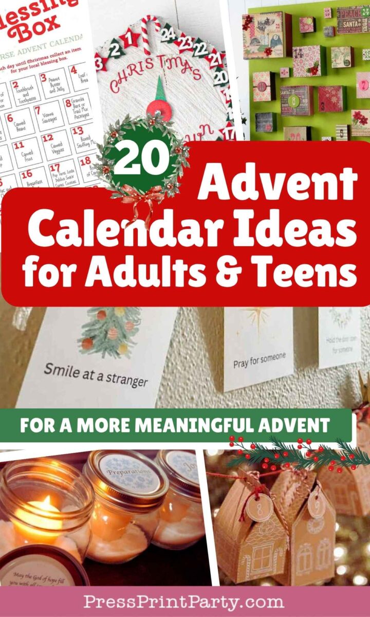A collage featuring various advent calendars, crafts, candles, and uplifting notes, overlaid with text: "20 Advent Calendar Ideas for Adults & Teens โ For a More Meaningful Advent. Advent Calendar Ideas for Adults