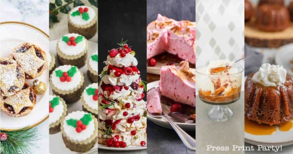 A collage of six festive Christmas desserts, including mince pies, decorated mini cakes, a pavlova topped with berries, a pink pie, a glass of trifle with a spoon, and a small bundt cake with whipped cream.