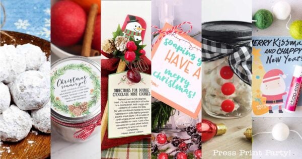 A collage of six festive homemade Christmas gift ideas, including cookies, jarred treats with decorative tags, holiday cards, candies in jars, and lip balm gifts, all arranged with seasonal decorations.