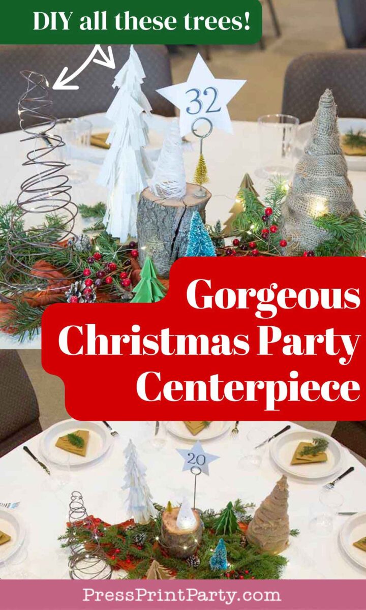 A festive dining table displays charming christmas tree table decorations as DIY centerpieces, surrounded by greenery and red berries, each topped with numbered stars, perfectly set for a holiday party.