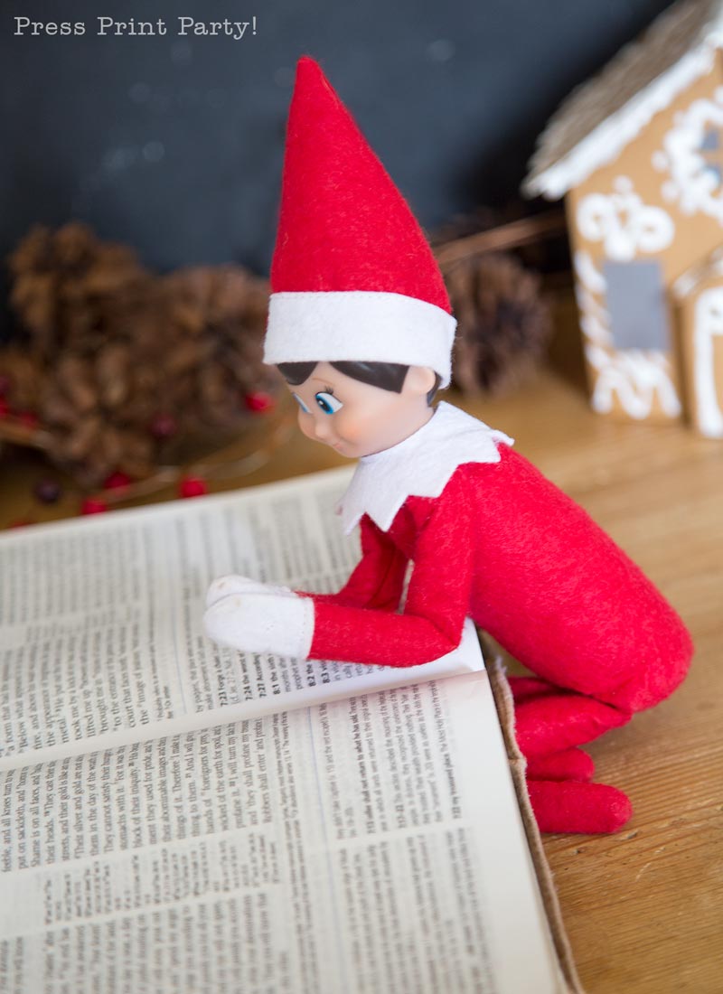 A red Elf on the Shelf doll is kneeling and leaning over an open book, appearing to read. A gingerbread house and pinecones are visible in the background.