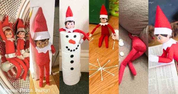 Six playful Elf on the Shelf dolls are shown in different silly scenes, including riding in a dryer, dressed as a snowman, sitting on the floor, making snowflakes, and reading a book.