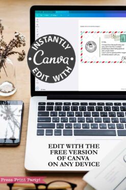 A laptop on a desk shows Canva editing software with text: “INSTANTLY EDIT WITH Canva” and “EDIT WITH THE FREE VERSION OF CANVA ON ANY DEVICE.” Nearby are a phone, flowers, glasses, and the Elf Arrival Postcard Printable Prop.