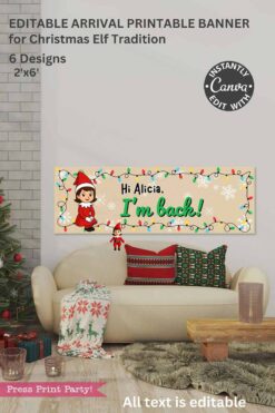 A festive living room with a banner reading