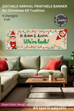 A living room with a green couch and coffee table features the HUGE Christmas Elf Arrival Banners Printable, Girl and Boy, on the wall, showing elf illustrations, Christmas lights, and