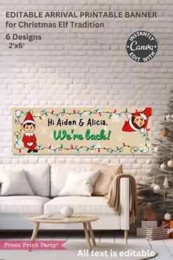 A festive living room with a white brick wall displays the HUGE Christmas Elf Arrival Banners Printable, Girl and Boy, featuring two cartoon elves, Christmas lights, presents, and a customizable
