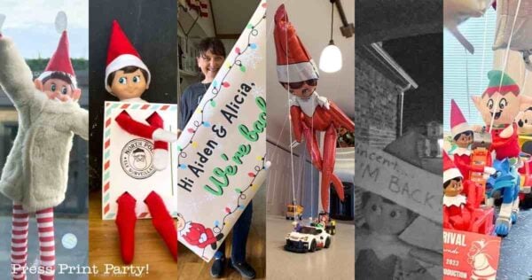 A collage of creative elf on the shelf arrival ideas, featuring elves in costumes, holding signs, riding a toy car, and posing with festive decorations in various indoor settings.
