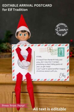 A toy elf sits on wood holding a postcard with a North Pole stamp. The Elf Arrival Postcard Printable features a cheerful message for kids and editable text to personalize your festive Elf tradition.