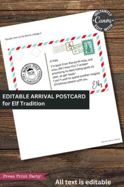 Elf Arrival Postcard Printable: A North Pole-themed, fully editable postcard in Canva featuring a stamp and a cheerful message from an elf to kids. Includes a black
