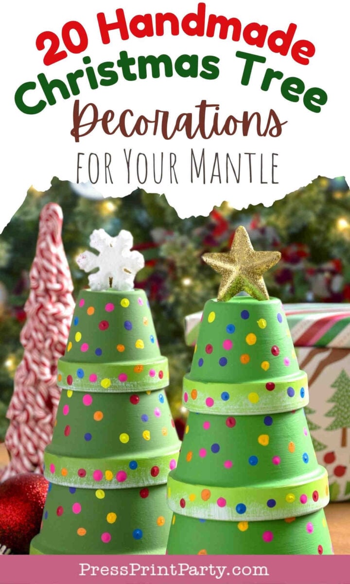 Two handmade Christmas tree decorations made from green pots with colorful dots, topped with a star and snowflake, are displayed on a festive mantle with candy canes and holiday decor in the background.