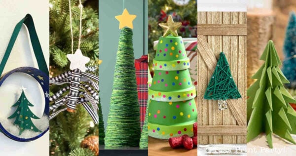 A collage of six DIY Christmas tree crafts, including trees made from embroidery hoops, ribbon, yarn, paper, string art on wood, and stacked painted cones, all decorated festively for the holiday season.